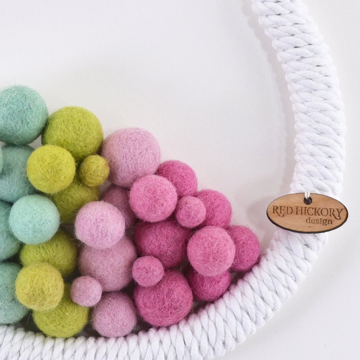 Bunny nursery wall art decor, white organic cotton yarn, felt pom-poms, handmade natural materials, bedroom decor.