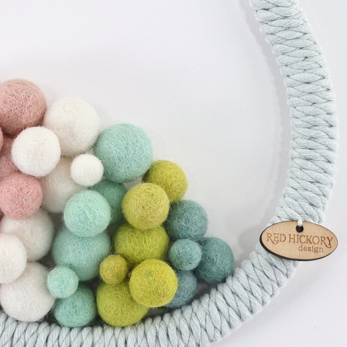 Bunny nursery wall art decor, mint cotton organic yarn, pastel pom-poms, handmade organic.